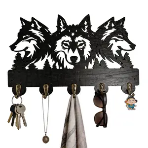 Forest Wolf Pack Wooden Wall Mount Hooks, 5-Hook Decorative Storage Rack, Home Storage Hook, Ideal for Bags, Clothes, Keys, Perfect Gift for Parties, Birthdays, Holidays, Decoration