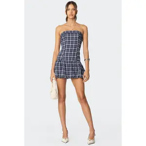 Plaid Strapless Bubble Mini Dress