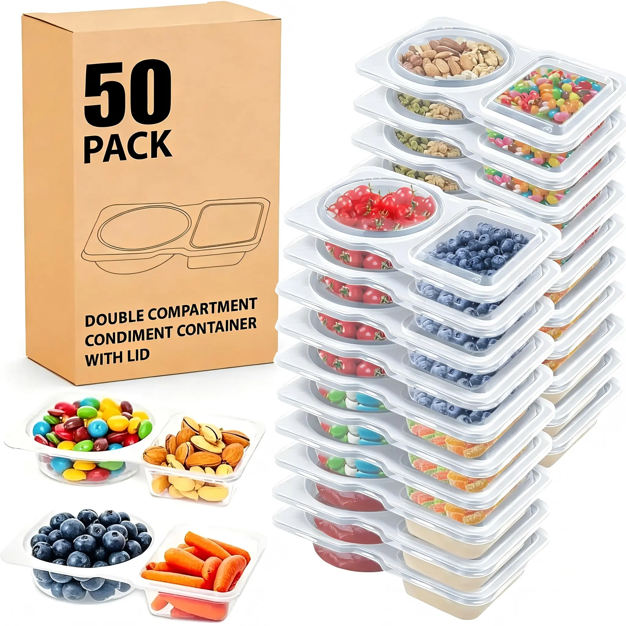 50Pcs BPA-Free Reusable Double-Compartment Snack Containers with Lids - Stackable Storage Containers, Portable Kids Lunch Boxes, Airtight Portion Control Meal Prep Kitchen Solutions