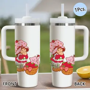 Cartoon S-Strawberry Shortcake Vacuum Flasks 40oz Stainless Steel Vacuum Insulated Tumbler with Handle & Straw, Leak-Resistant Travel Mug, Leakproof Insulated Tumbler, Insulated Travel Drinkware, Iced Coffee & Water Cup for Office, Gym & Travel