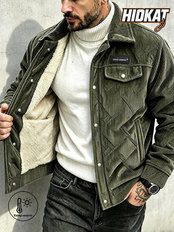 Men's Corduroy-Lined Quilted Insulated Trucker Jacket - Menswear Tops, Button Collar, Multi-Pocket Thick Warm Outerwear, Ideal for Cold Autumn Winter Casual Work Street Wear