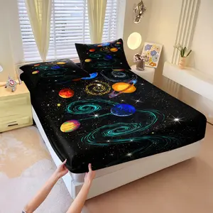 Dreamy Cosmic Elements Printed Fitted Sheet Set, Bed Sheet Sets, Includes 1 Fitted Sheet & 2 Pillowcases without Filler,Interstellar scene design,Whimsical and fun,Comfortable and soft,Stylish and warm bedroom bedding,The perfect gift for the bedroom.