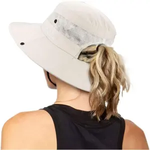 Women's Outdoor UV Protection Foldable Sun Hat - Mesh Wide-Brim Beach Fishing Hat with Ponytail Hole for Ultimate Comfort and Sun Safety