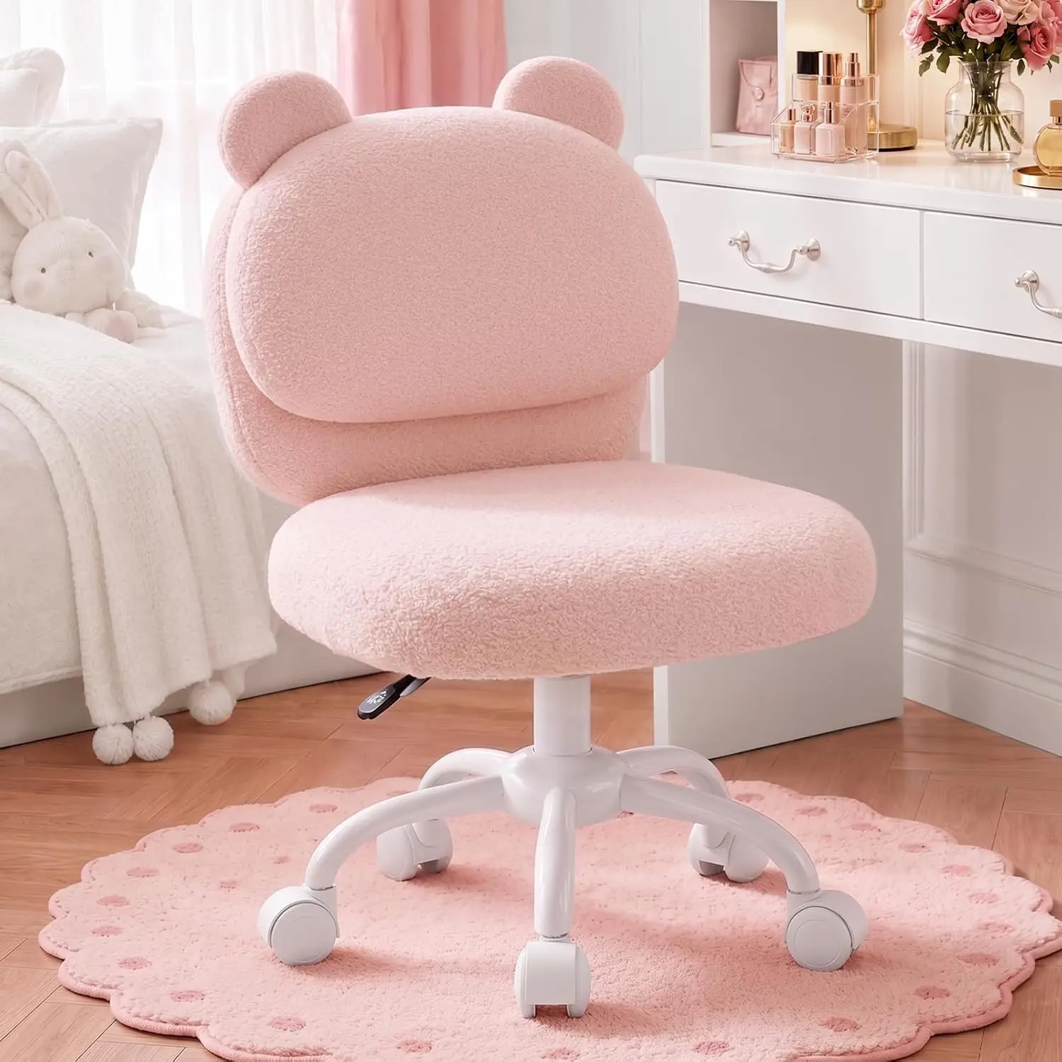 HUANUO Vanity Chair, Cute Desk Chair, Home Office Chair with Wheels, Pink | Soft Teddy Fleece Fabric, Bear Backrest, Thick Cushion, Armless Chair with Wheels, Adjustable Height, 10-Minute Assembly