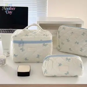 3PCS Cute Bow Print Makeup Bag Set, Quilted Cosmetic Organizer with Large Capacity, Aesthetic Travel Toiletry Bags for Women, Student Pencil Pouches & Bag Inserts