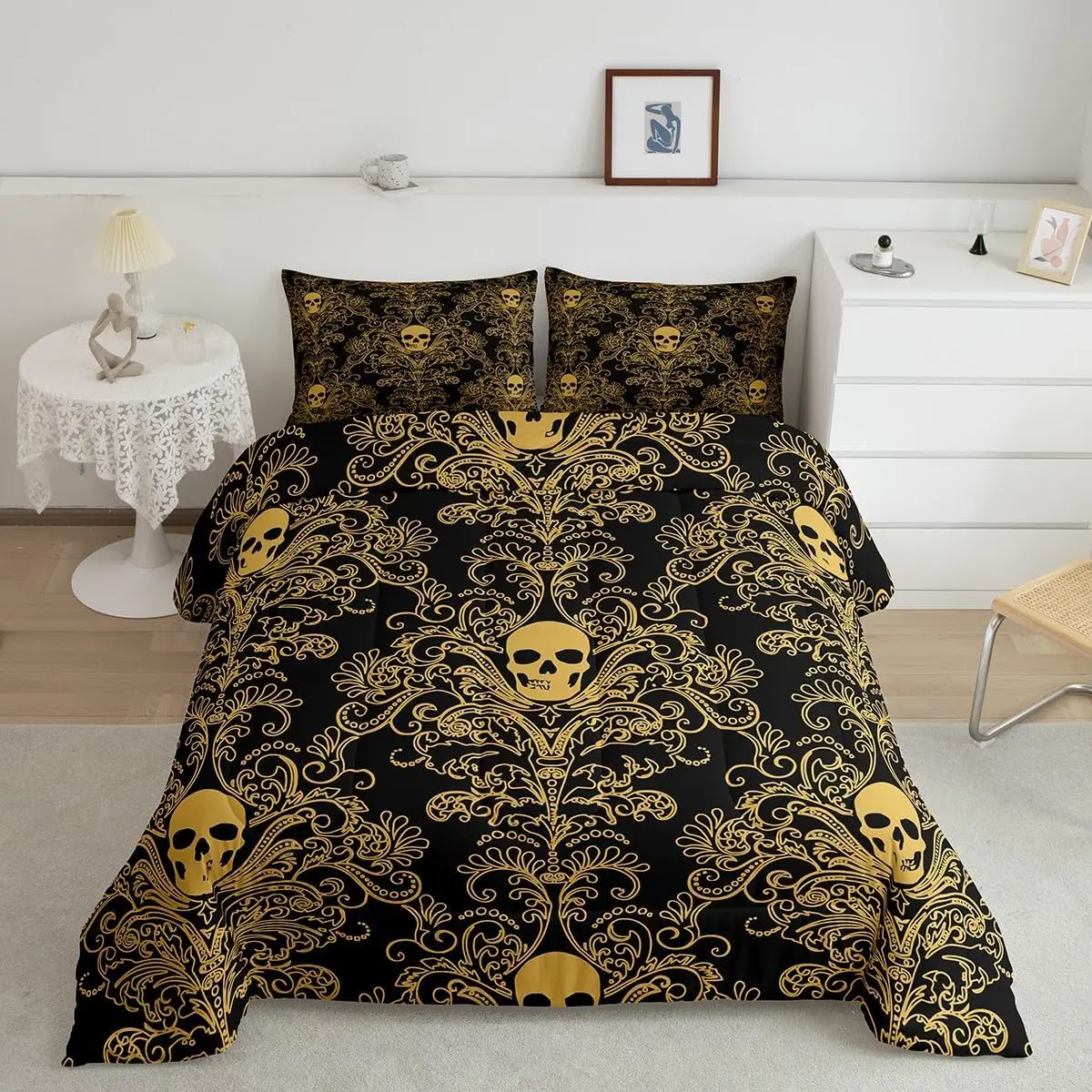 Feelyou Adults' Damask Gothic Bedroom Bedding Set - Antique Victorian Decorative Comforter Set, Vintage Floral Goth Duvet Insert, Exotic Bone Skeleton Baroque Boho Linens, Decorative Bedding Set