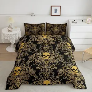 Adults Damask Gothic Bedding Set,Antique Victorian Comforter Set,Vintage Floral Goth Comforter,Exotic Bone Skeleton Duvet Insert Baroque Boho Decor