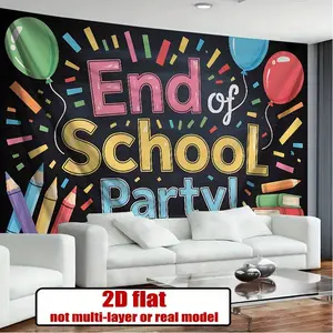 1PC 2D Flat Backdrop Banner - Campus-Themed End of School Party Decor, Photo Background with Chalkboard-Style Balloons, Colored Pencils & Books for School Final Events