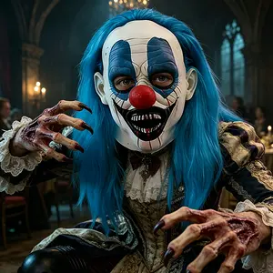 Terrifying adult clown mask disguised as Halloween laughing killer clown costume props, blue haired clown mask carnival role-playing mask, Halloween gifts spooky party