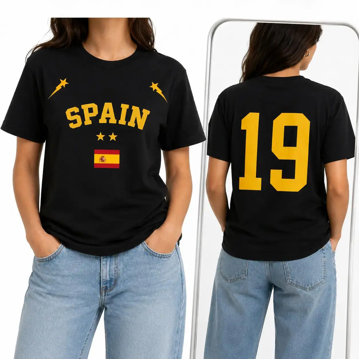 Men's and Women's Spanish Flag Pattern T-shirt, # 19 Yamal, Spain Championship Core Player, Football Fan T-shirt, Fashionable Retro Pattern T-shirt, Sports Casual Top, Football Fan Summer Clothing