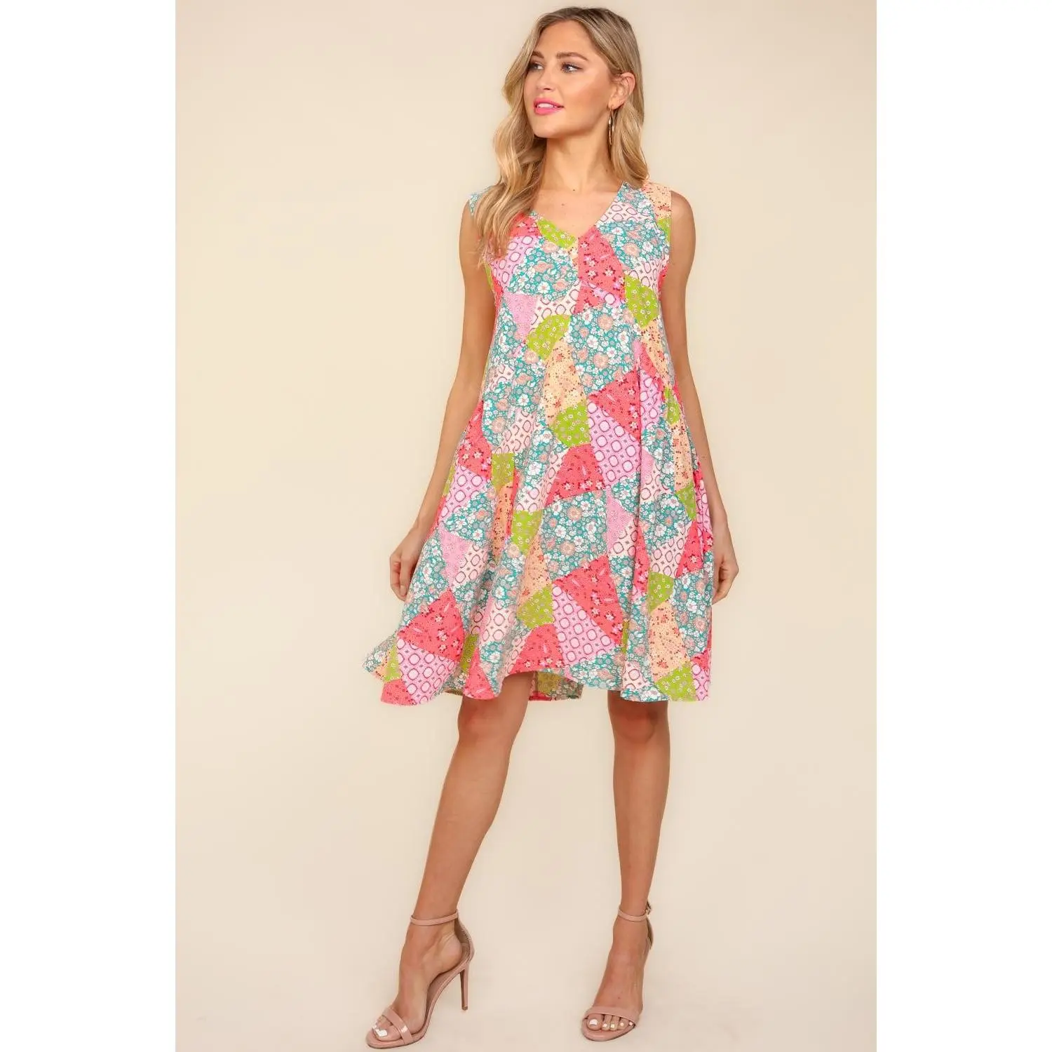 Haptics Full Size Babydoll Floral Patchwork Dress with Side Pockets