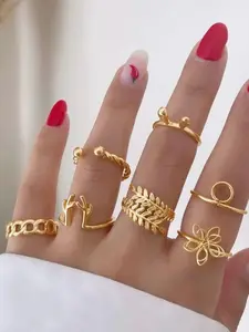 7-Piece Ring Set, Vintage Gold Leaf Flower Rabbit Horn Stackable Rings, Punk Style, Zinc Alloy, All Seasons, Women's Jewelry
