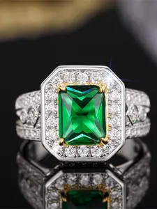 Elegant Artificial Gemstone & Rhinestone Decorated Ring, Luxury Emerald Cut Solitaire Engagement Ring for Women, Trendy All-match & Exquisite Jewelry for Birthday Gift