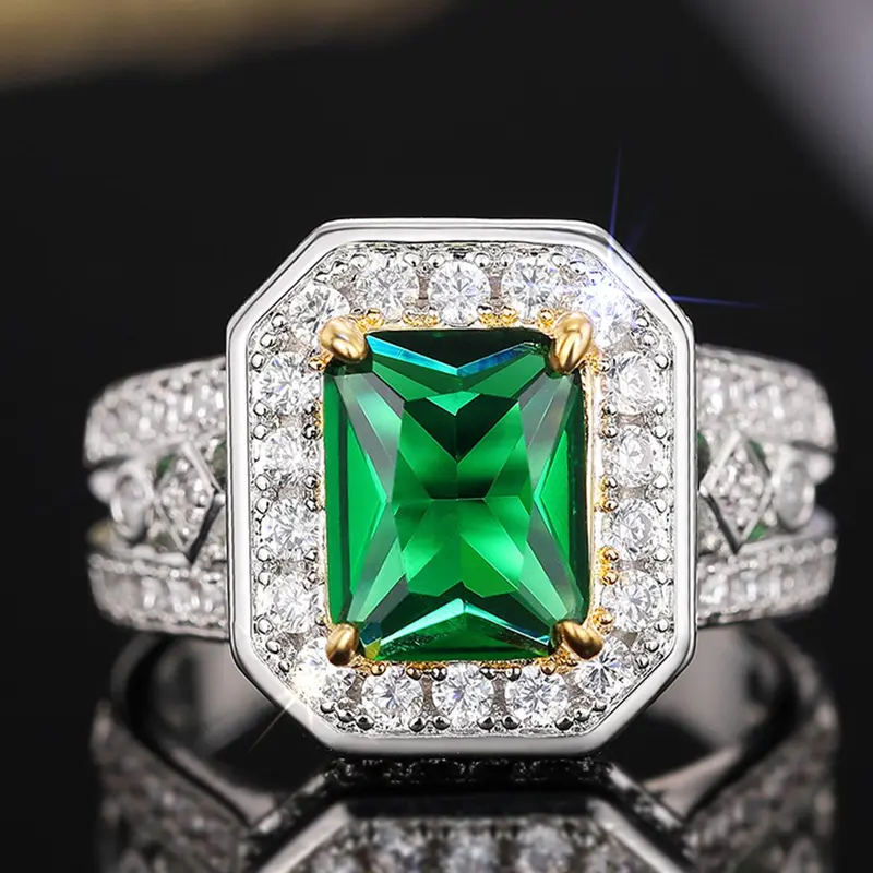 Elegant Artificial Gemstone & Rhinestone Decorated Ring, Luxury Emerald Cut Solitaire Engagement Ring for Women, Trendy All-match & Exquisite Jewelry for Birthday Gift, Elegant Fashion Rings, Beautiful Rings, Chic Emerald Ring