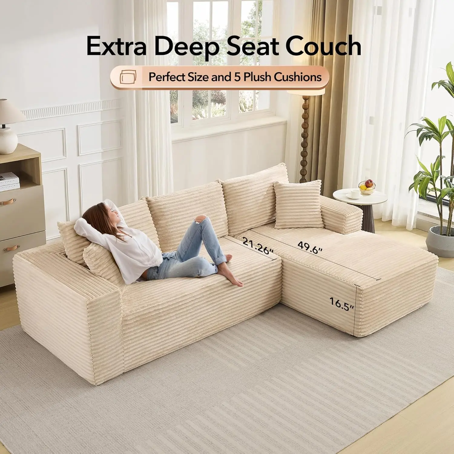 Garvee 108" Modular Sectional Sofa Couch – Deep Seat, Boneless Cloud Design, Modern Corduroy L-Shaped, No Assembly Needed, Living Room or Bedroom Furniture – Beige (Corduroy | Lie on Your Right Side)
