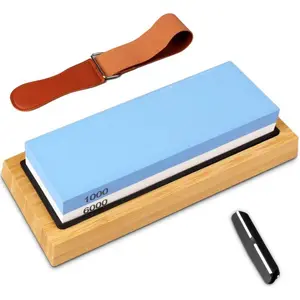 Professional  Sharpener & Sharpening Stone Set: 1000/6000 Grit Dual-Sided Whetstone(7"x2.4"x1.2") with  Base, Non-Slip  Holder, Angle Guide & Leather Strop Kit