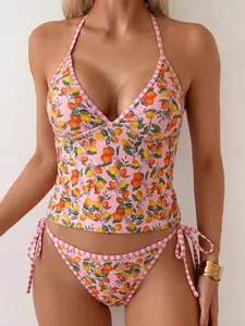 Women's Lemon Print 2pc Beachwear Set - Adjustable Camisole & Bikini - Summer Vacation Swimsuit