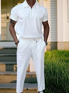 men's solid half zip polo shirt & pants two-piece set, regular fit casual short sleeve top & trousers for summer, men's clothes for daily wear, menswear