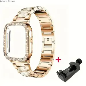 2026 New Starry Sky Full Diamond + Double Row Diamond Watch Case and Strap Set, Shiny Fashion Replacement Band with Protective Cover for Smart Watch 38-49mm