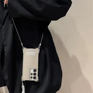 Electroplated silver four corner mirror crossbody, handheld Double chain protective phone case with bracket for Samsung Galaxy S21 S22 S23 S24 S25 Ultra Cover
