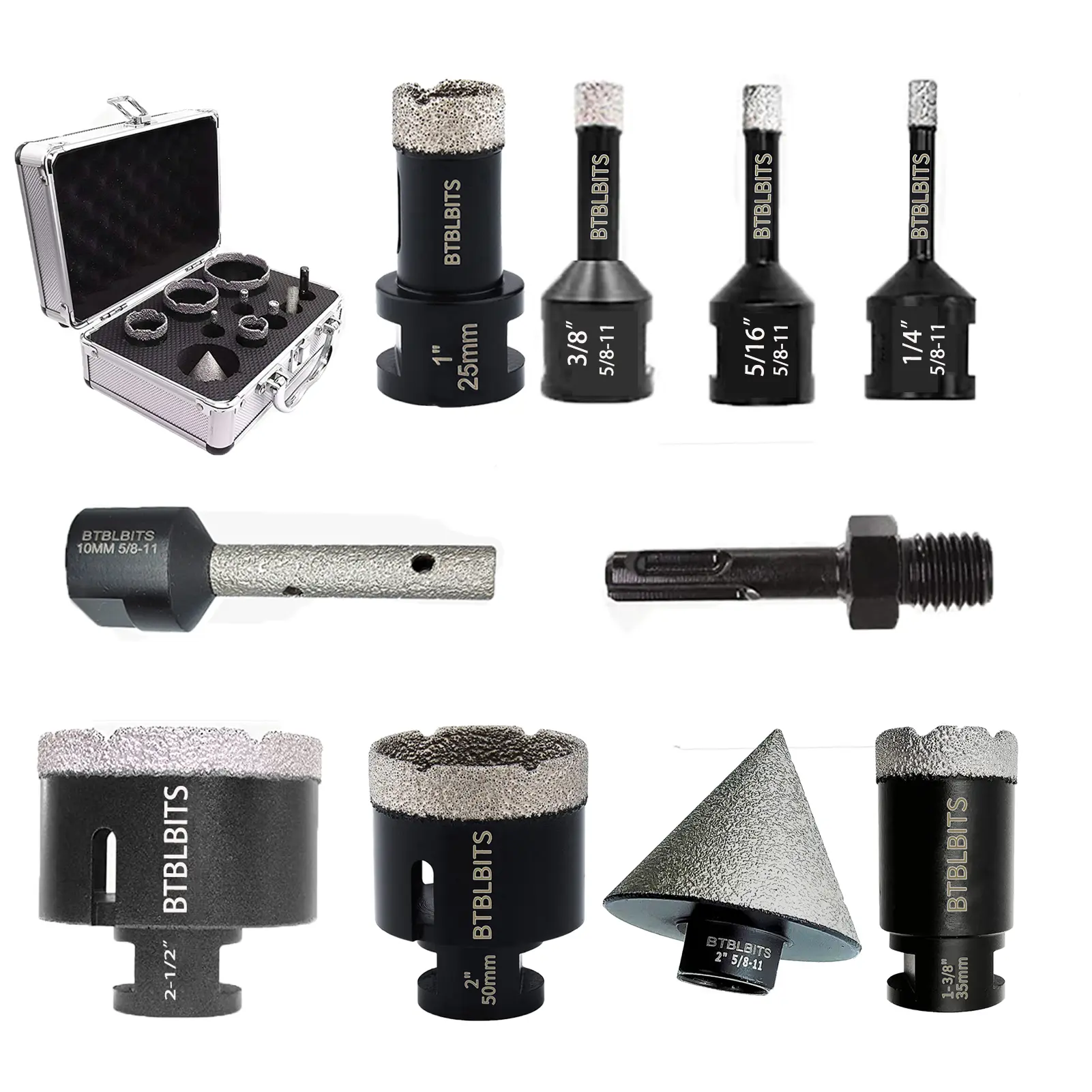 Diamond Core Drill Bits Set - 10pcs Tile Hole Saw Kit 6/8/10/25/35/50/65mm + 3/8" Milling Bit with 2" Diamond Beveling Chamfer Bit + SDS Shank Adapter for Porcelain Ceramic Tile Granite Marble Masonry Stone Brick Quartz Concrete Countertop Sink Tool