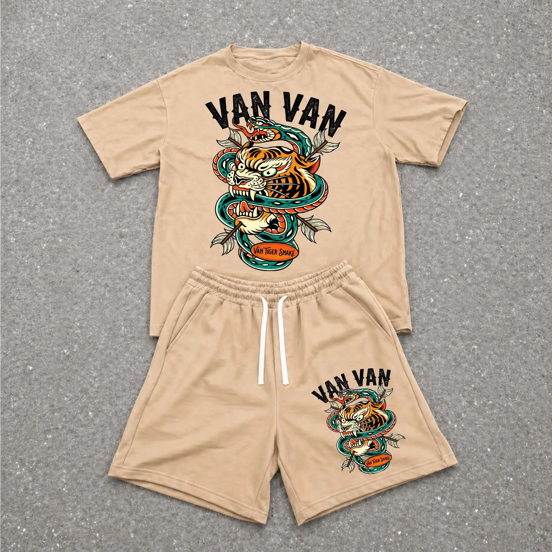 Men’s Summer 2 Piece Set, Van Van Hiphop Street Style Print Short Sleeve T Shirt and Drawstring Shorts Matching Outfit, Lightweight Breathable Casual Set for Travel, Streetwear, Beach, Vacation, and Daily Wear
