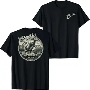 Coors Banquet Beer Cowboy Rodeo Graphic T-Shirt Vintage Western Bronc Rider Logo Tee, Retro Ranch Beer Lover Shirt for Men Women, Unisex Streetwear Summer Casual Back Print Top