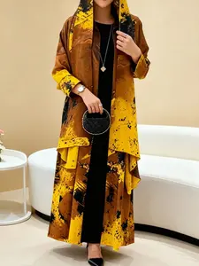 Middle Eastern Muslim Fashion Elegant Casual Long Sleeve Cardigan + Headscarf Robe, Ethnic Pattern, Fitted, All Seasons, Muslim Set