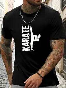 Men's Karate Graphic T-Shirt - Breathable Martial Arts Training Top with Karate Belt Design & Dynamic Kick Print, Round Neck Summer Casual Wear for Dojos, Tournaments & Everyday Use - Comfort Fit White Tee for Karate Practitioners, Machine Washable, Relax