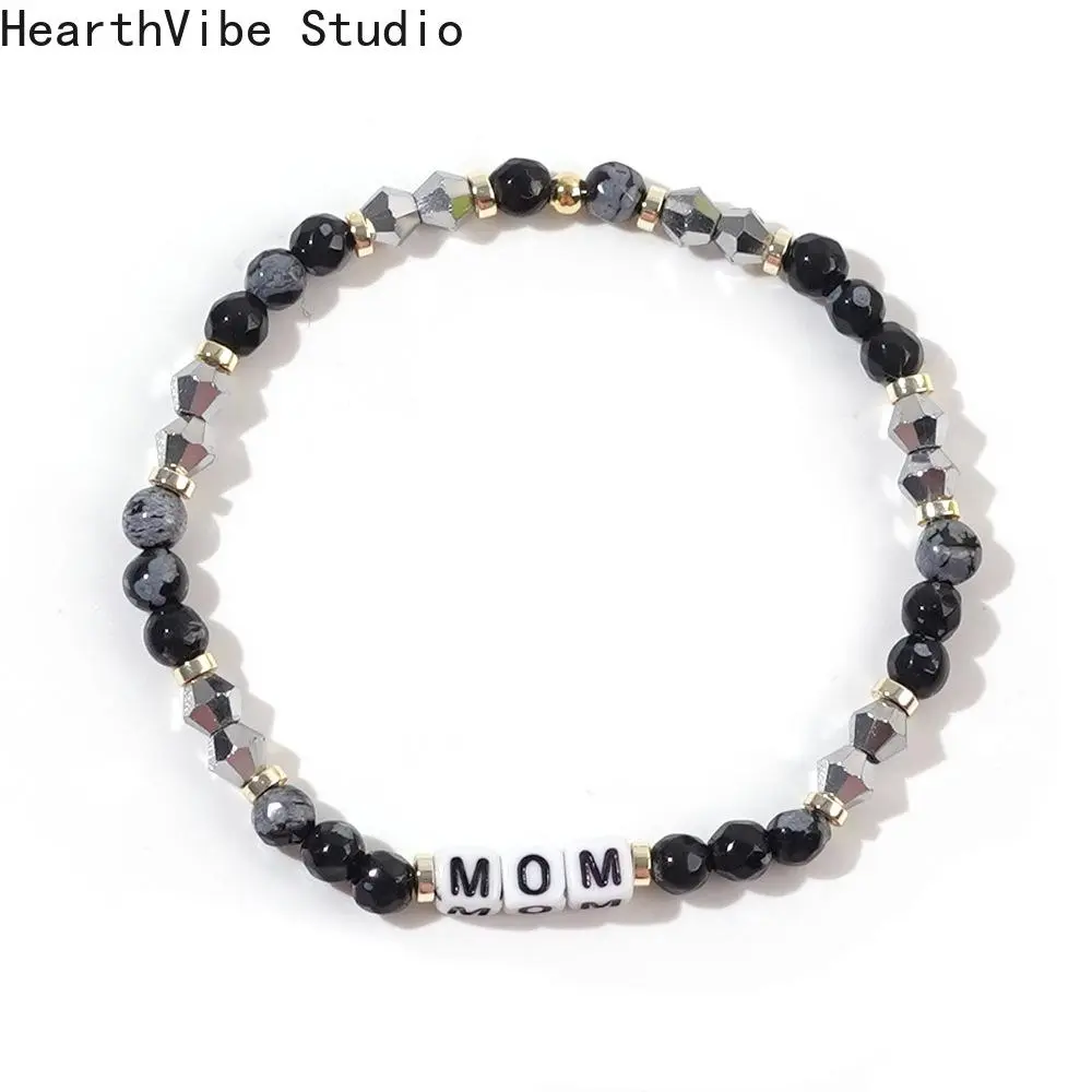 MAMA Letter Bracelet for Mom, Handcrafted Crystal Beaded Stretch Band with Heart Charm, No-Clasp Unisex Youth Design, Mother