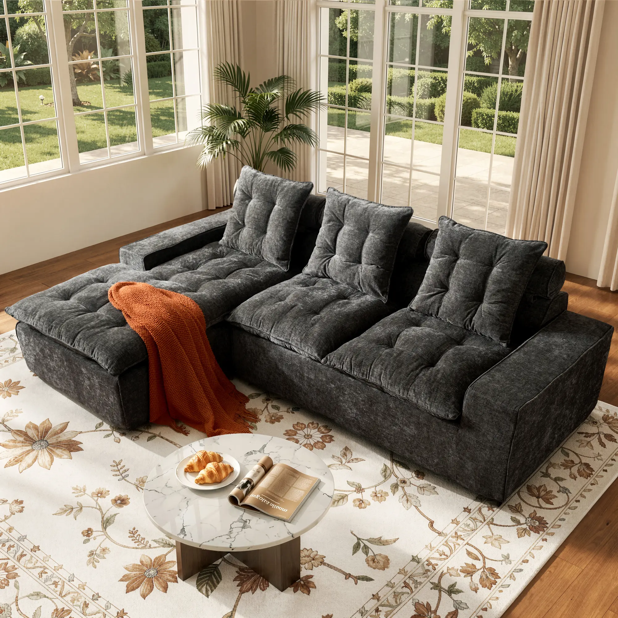 Modern Chenille Modular Sectional Sofa with Grid-Tufted Cushions, Extra Deep Seat L Shaped Couch with Chaise, Fluffy & Less Sagging, Soft Upholstered Lounge Sofa for Living Room, Apartment & Home【2 Packages shipping】