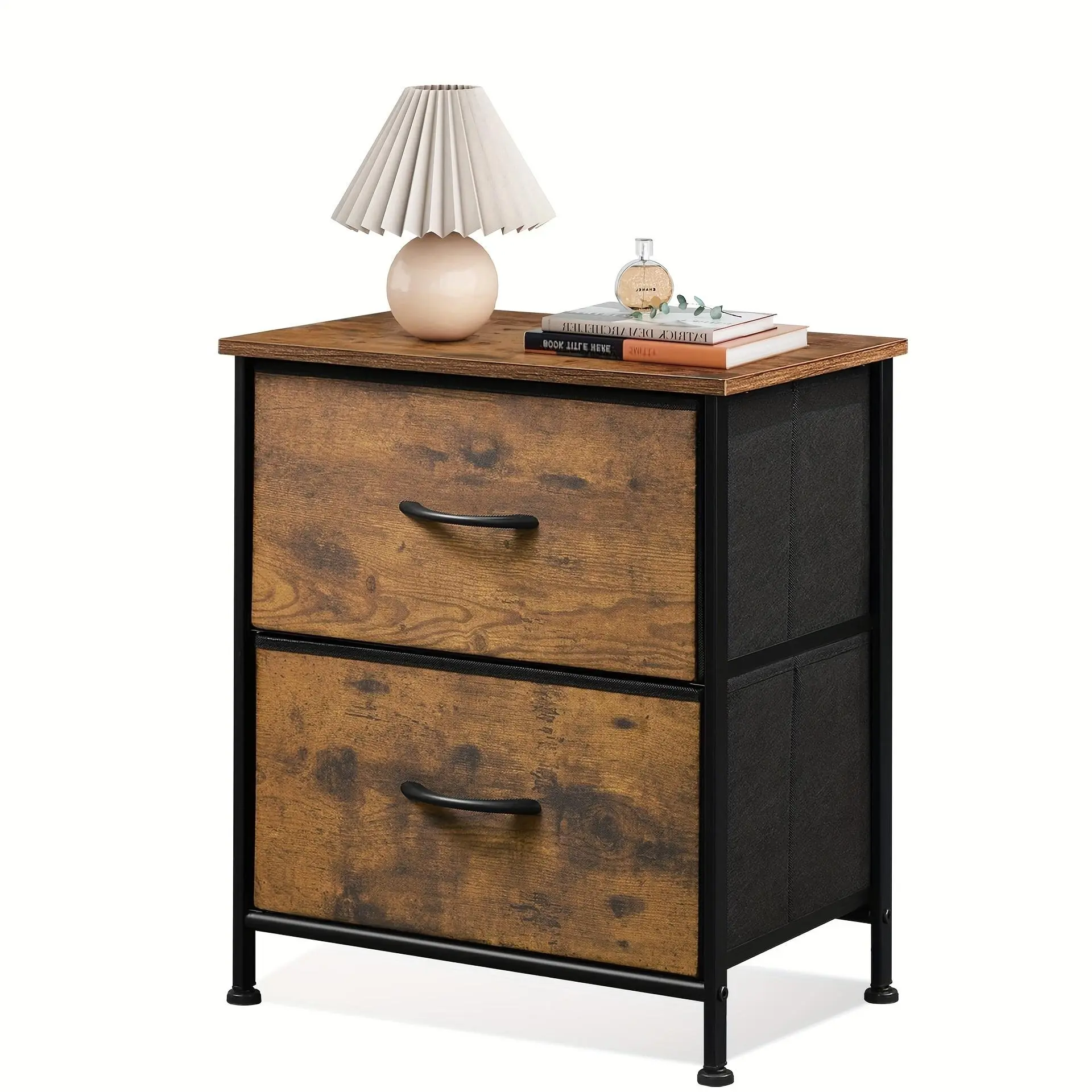 Rustic Brown 2-Drawer Bedroom Nightstand - Side Table with Wooden Top, Removable Fabric Drawers, Adjustable Corrosion-Resistant Organizer, Easy Setup for Apartments, Assembly Required, Bedroom Nightstands