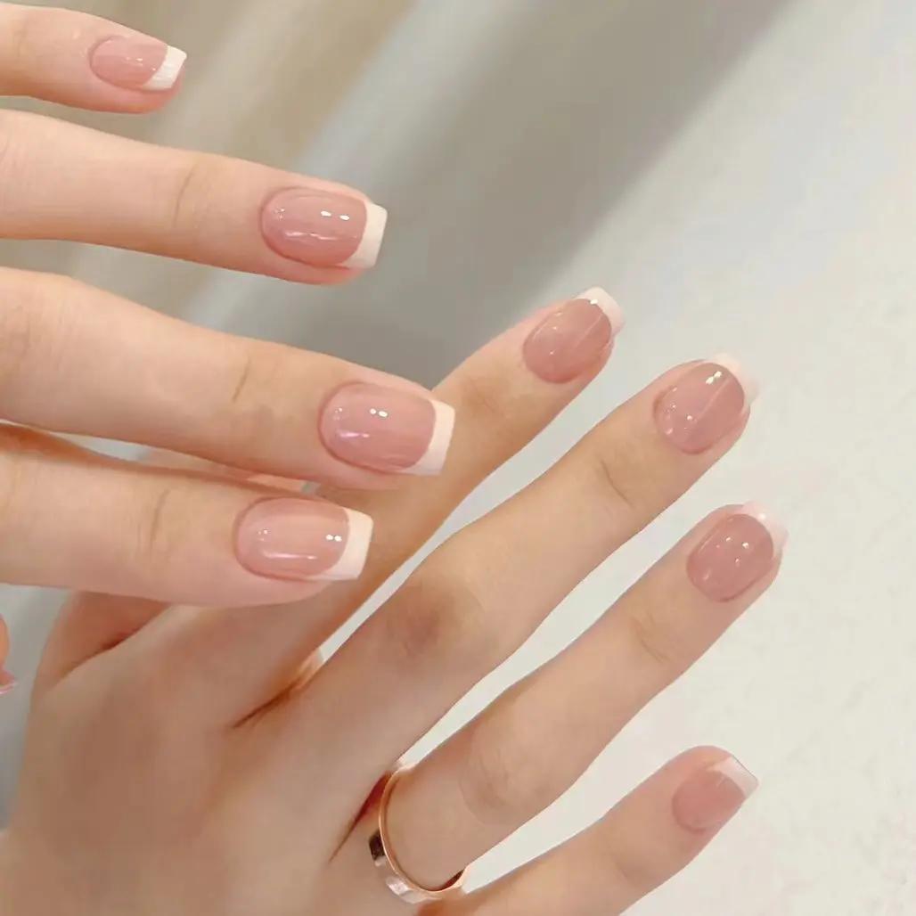 French-Tip Press On Nails Set 24Pcs, Short Square Glossy False Nails, DIY Detachable Nail Art, Durable Easy Application Press Ons, For Daily & Occasion Wear