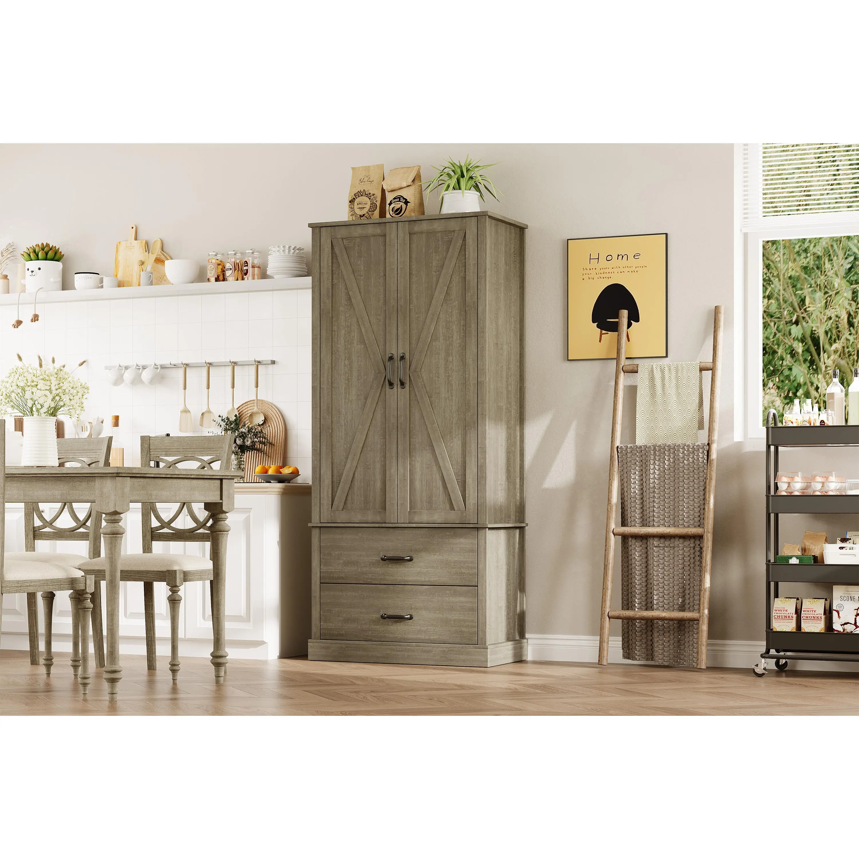 65 in Sturdy Farmhouse Freestanding Kitchen Pantry Cabinet, Particle Board Cupboard with Drawers & Adjustable Shelves, Barn Doors, Easy Setup for Dining & Living Room, Grey, 1 X Anti-Tip Kit