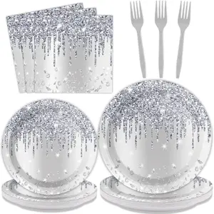 96 Pieces Silver Glitter Party Tableware Set for 24 Guests Silver Plates Napkins Forks Denim Diamonds Theme Birthday Party Decorations