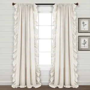Lush Decor Faux Linen Ruffle Window Curtain Panel -Single 54 x 84/95 Inch, Off-White/Linen/Light Gray, 5" Ruffle, Cotton Blend, No Lining, Shabby Chic Style for Home Decor