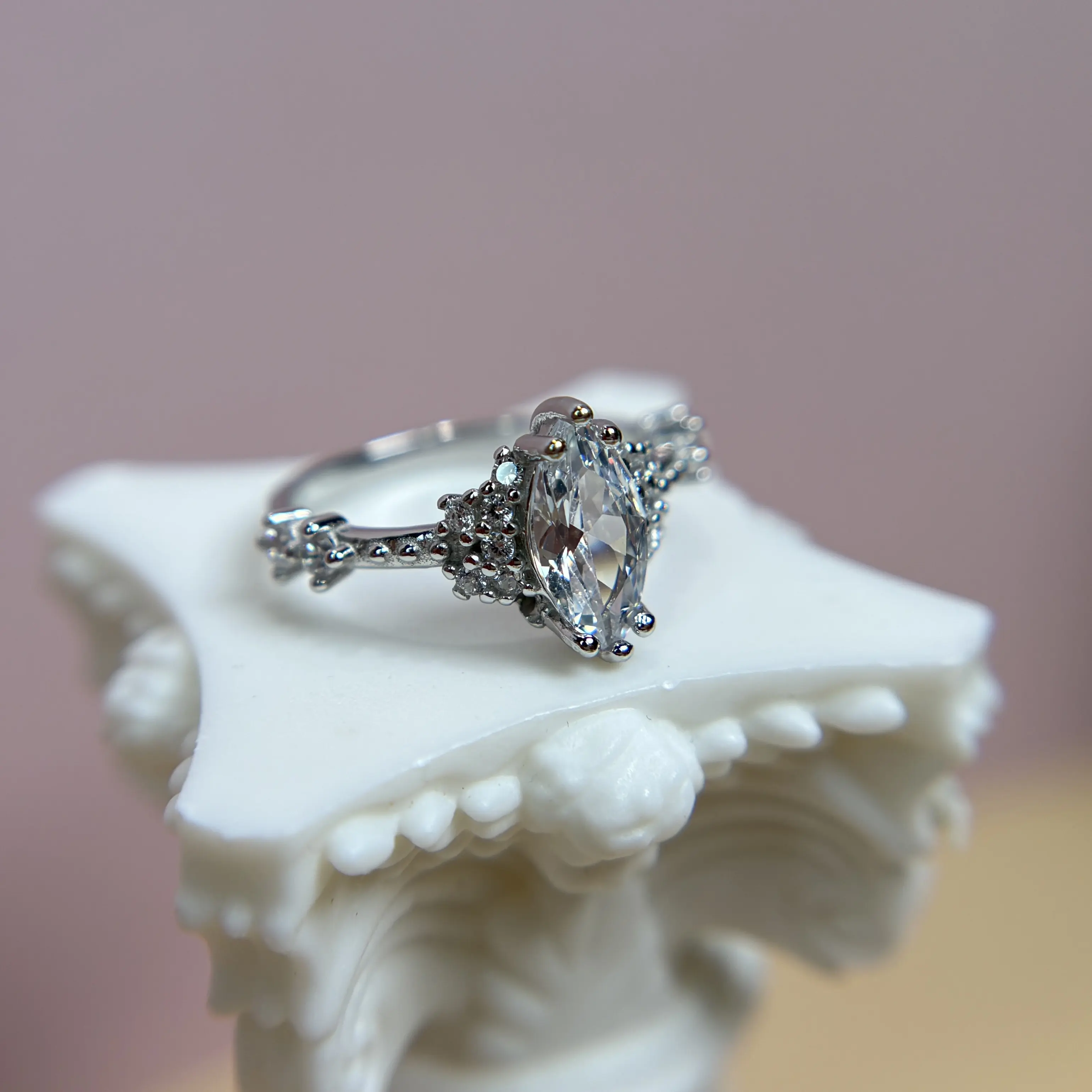 Marquise Moissanite Halo Vintage Sterling Silver Ring, Engagement Promise Bridal Anniversary Delicate Elegant Jewelry
