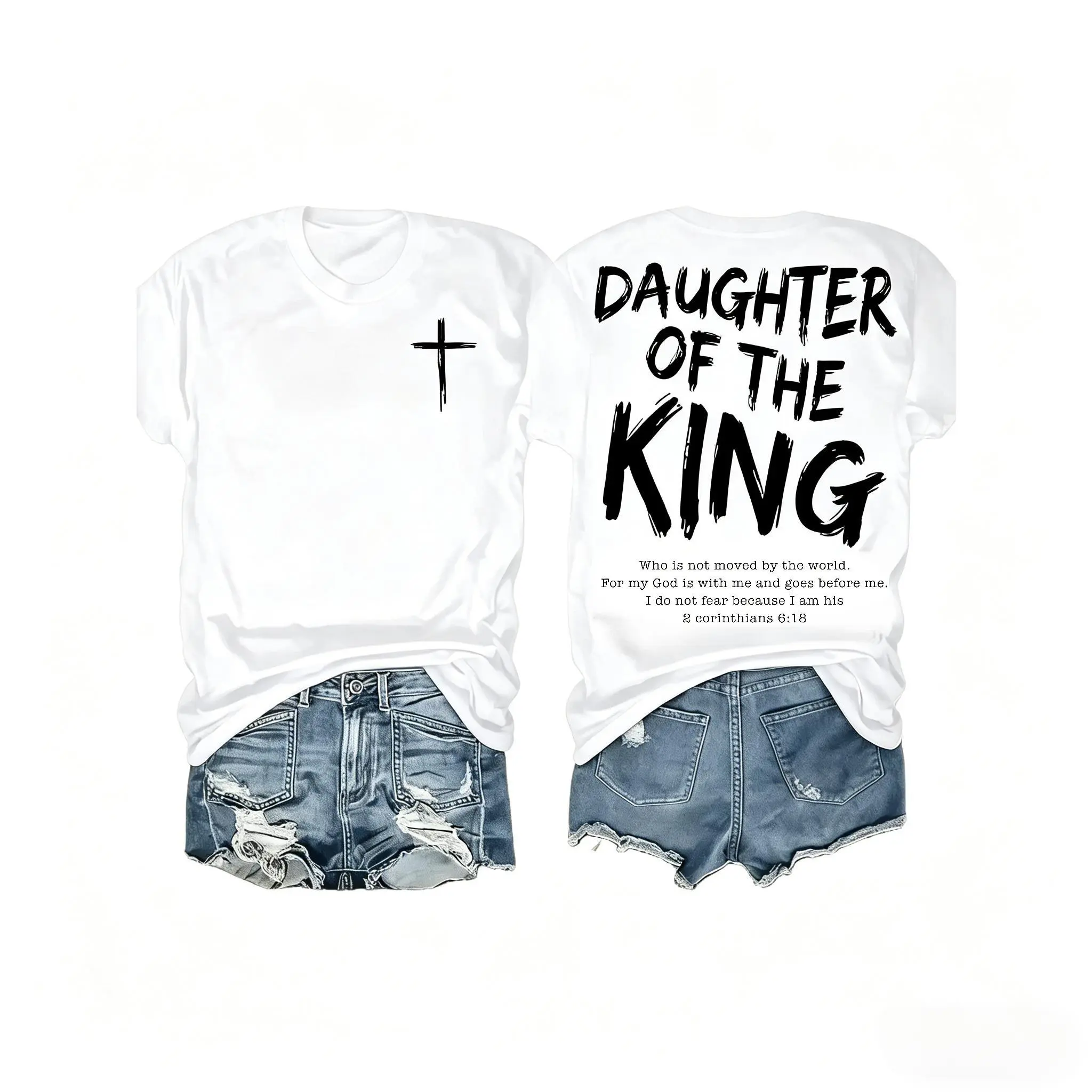 Comfortable and stylish for wearing at home or on the go King Jesus Graphic T-Shirt - Women's Soft Casual Crew Neck Short Sleeve T-Shirt, Double Sided Print, 100% Cotton, Essential for Women