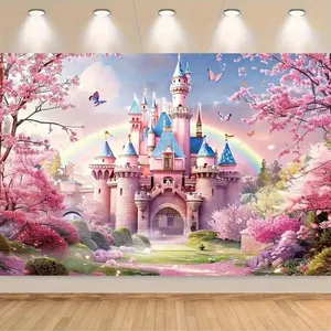 Fairy Tale Castle Background with Cherry Blossom Forest and Rainbow, Polyester Material, No Battery Design, Perfect for Photography Activities