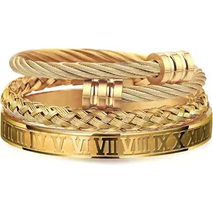 PCS Stainless Steel Bracelets for Men Gold Roman Numeral Bangle Bracelet Twisted Cable Bracelet Adjustable Cuff Bracelet Mens Luxury Jewelry Bracelets Gifts