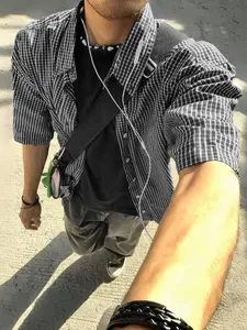 Men's and women's summer short-sleeved checkered shirts in a streetwear style, retro Y2K fashion, Casual, Loose design; classic and versatile, suitable for daily outings, campus commutes, street scenes, gatherings, and personal style
