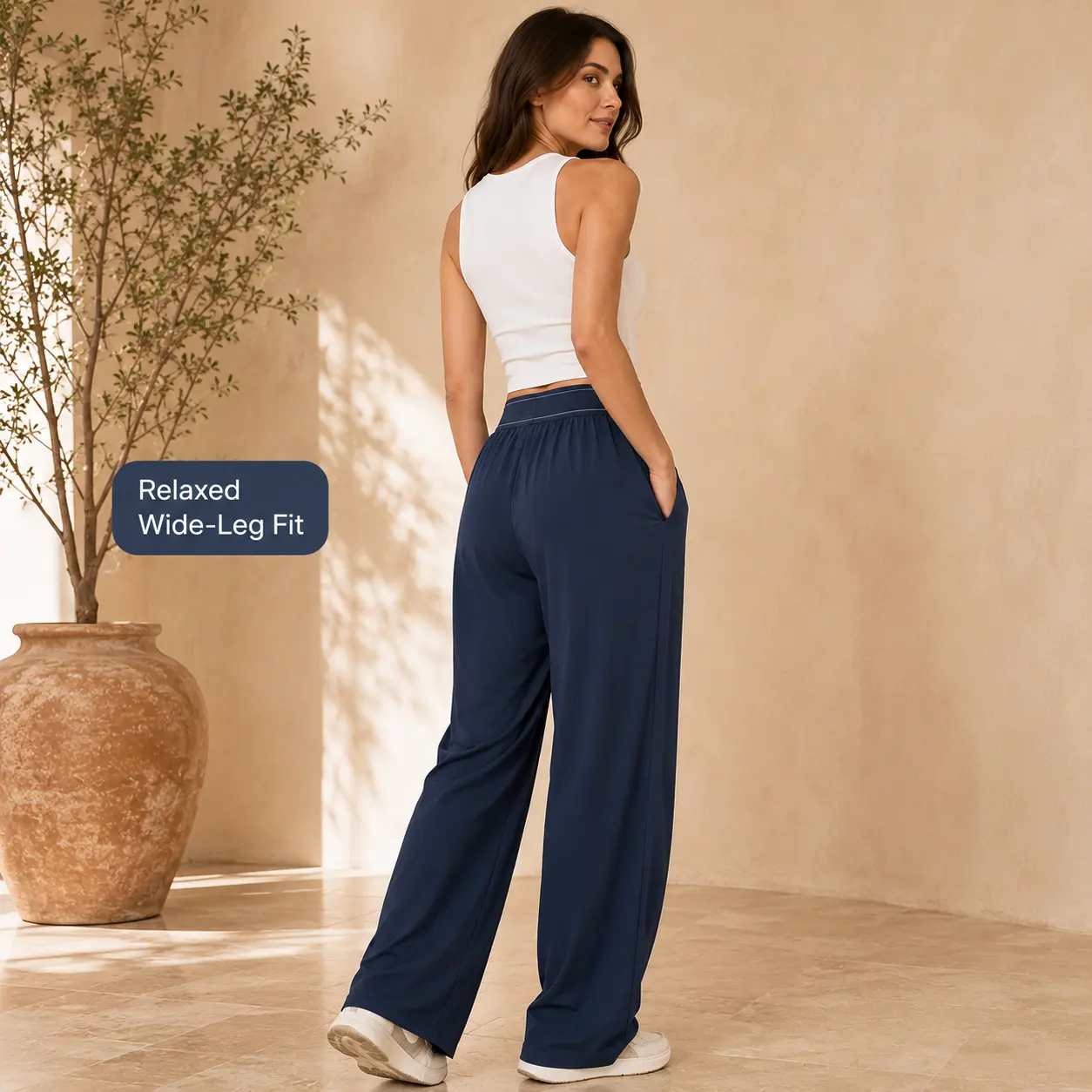 Women’s High-Waisted Wide-Leg Yoga Pants with Pockets, Lightweight Quick-Dry Loose Straight-Leg Lounge Travel Athletic Casual Pants