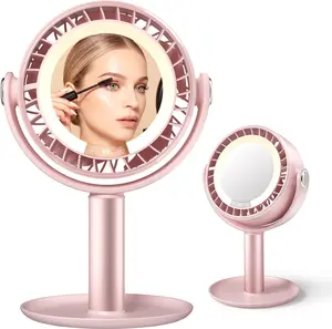 KinYiLO 3-in-1 Makeup Fan with Mirror & LED Light, 3000mAh Face Fan Rechargeable, 5 Speeds Up to 12H, 3 Color Lights, Quiet Personal Desk Gifts for Women Skincare Eyelash Extensions, Pink