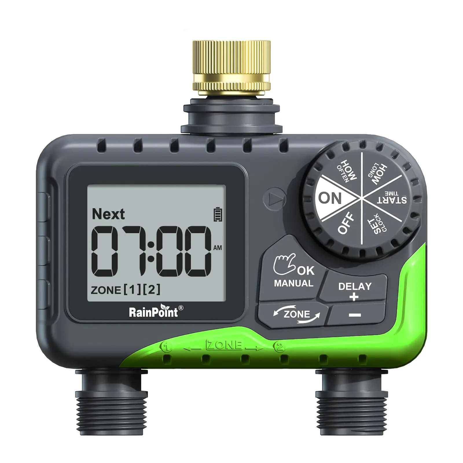 Rainpoint Programmable Digital Hose Watering Timer 2 Zone Outdoor Garden Hose Faucet Timers with Rain Delay/Manual/Auto Drip Irrigation for Lawn Watering System