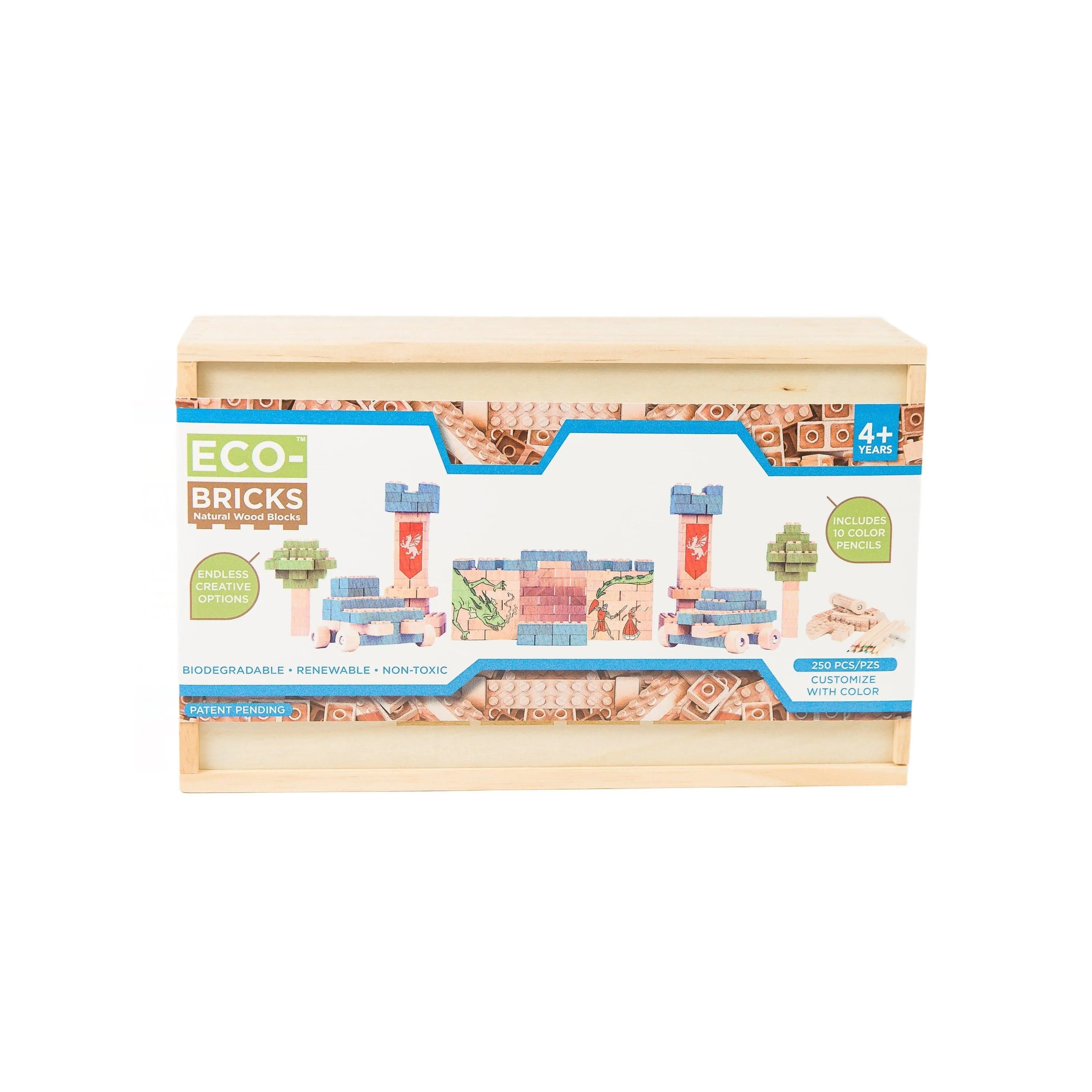 Eco-bricks Wooden Bricks 250 Piece Set - Natural, Sustainable & Creative Play toys for kids