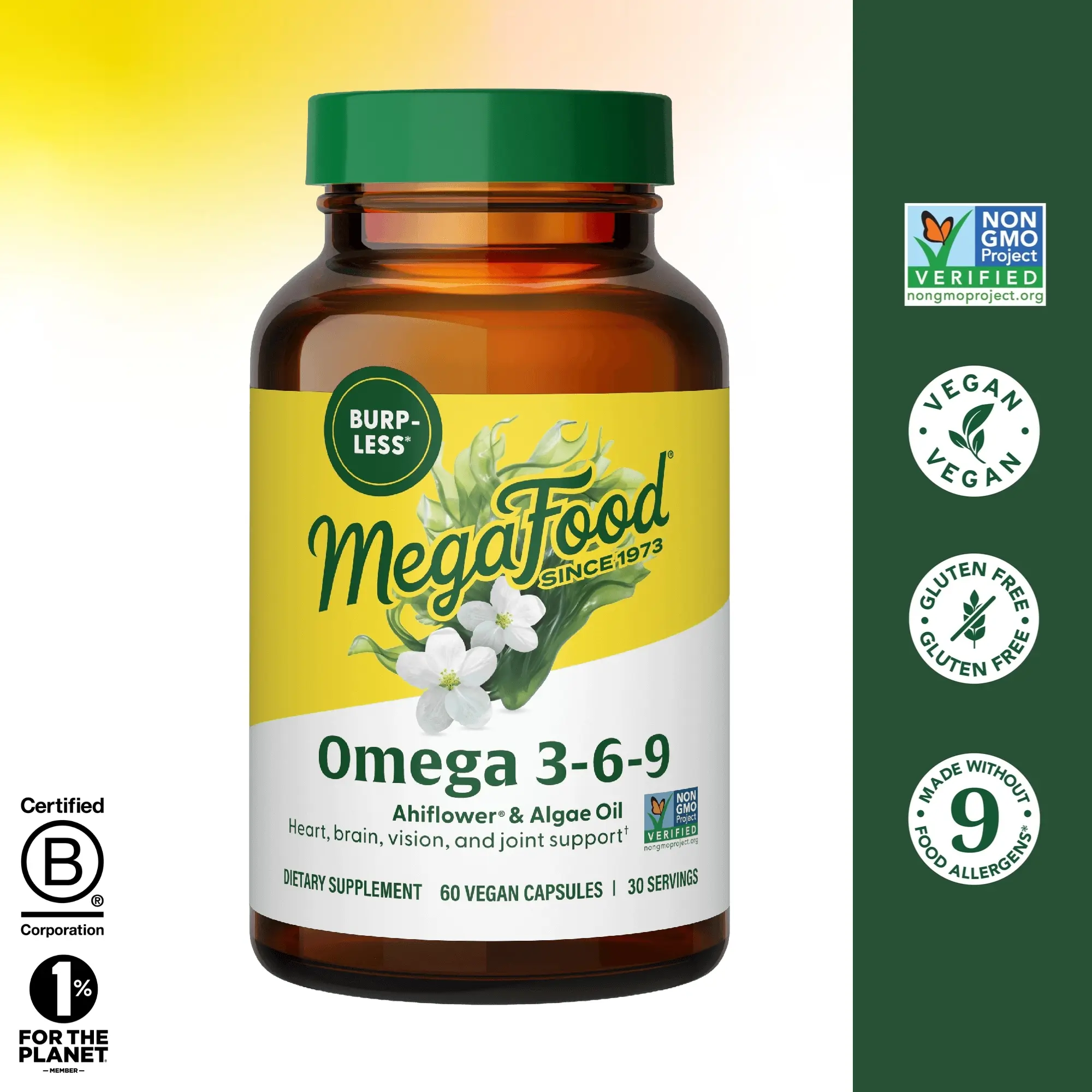 MegaFood 4-in-1 Fatty Acids Vegan Comprehensive Nutrition Edible Dietary Supplement - Ahiflower & Algae Oil-Sourced 3-6-9 Fatty Acids, Burpless Lemon Oil Coated Capsules for Brain Health, 30-Day 30-Serving Daily Supply Pack