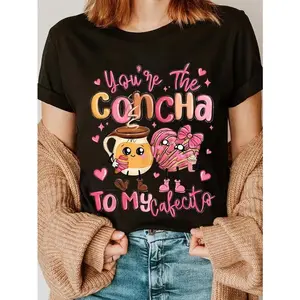 Women's 100% Cotton Round Neck Short-Sleeve Streetwear Vintage Top, Funny "You Are The Concha To My Cafecito" Mexican Valentine's Everyday Graphic T-Shirt,summervibes