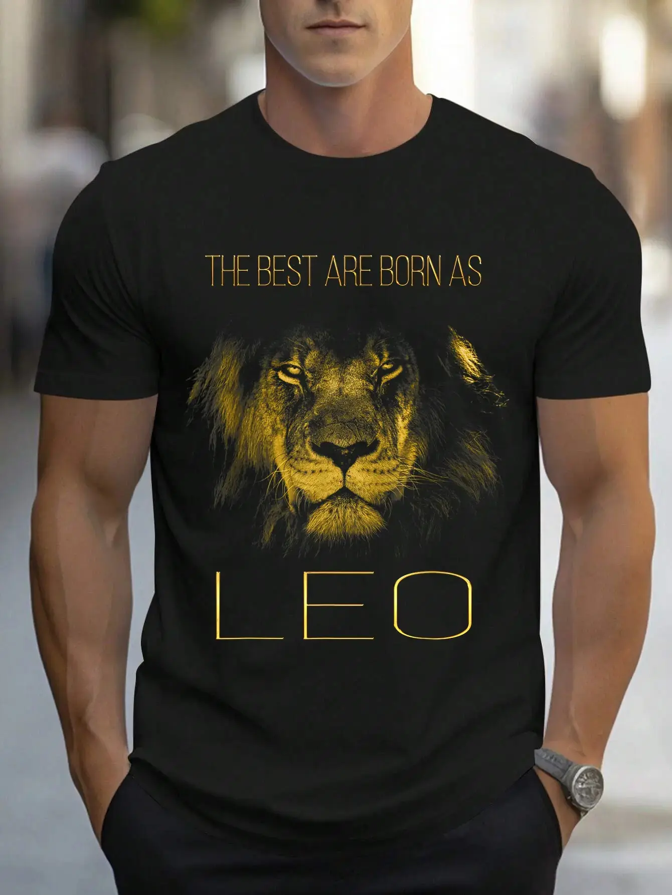 Men's Streetwear Graphic T-Shirt, Leo Lion Printed 100% Pure Cotton Classic Fit Short-Sleeve Top, Unisex Casual Menswear Streetwear Graphic Top, Check Size Chart, Round Neck