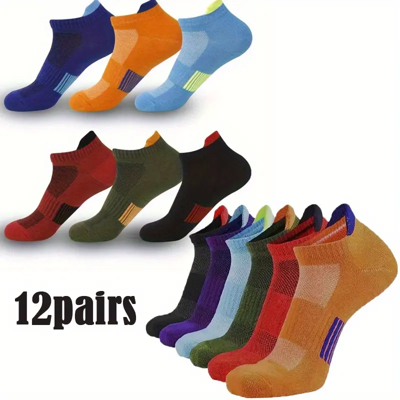 Men's 12-Pair Minimalist Basic Low-Top Athletic Socks - Poly/Cotton Blend, Cotton, Sweat-Absorbing, Quick-Drying, Towel-Bottom, Non-Slip, Twist-Resistant, Foldable, Invisible, Machine/Cold Washable - Menswear Activewear for Fitness, Wedding, Casual Use