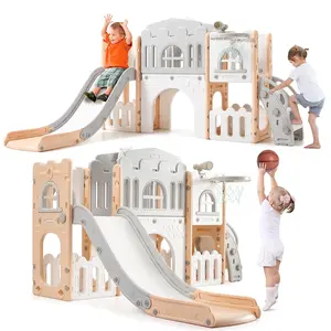 8-in-1 Toddler Slide & Climber Playset for Kids Ages 1–3, Indoor/Outdoor Activity Center with Basketball Hoop, Tunnel, Telescope, Steering Wheel, and Storage, Safe HDPE Backyard Playhouse